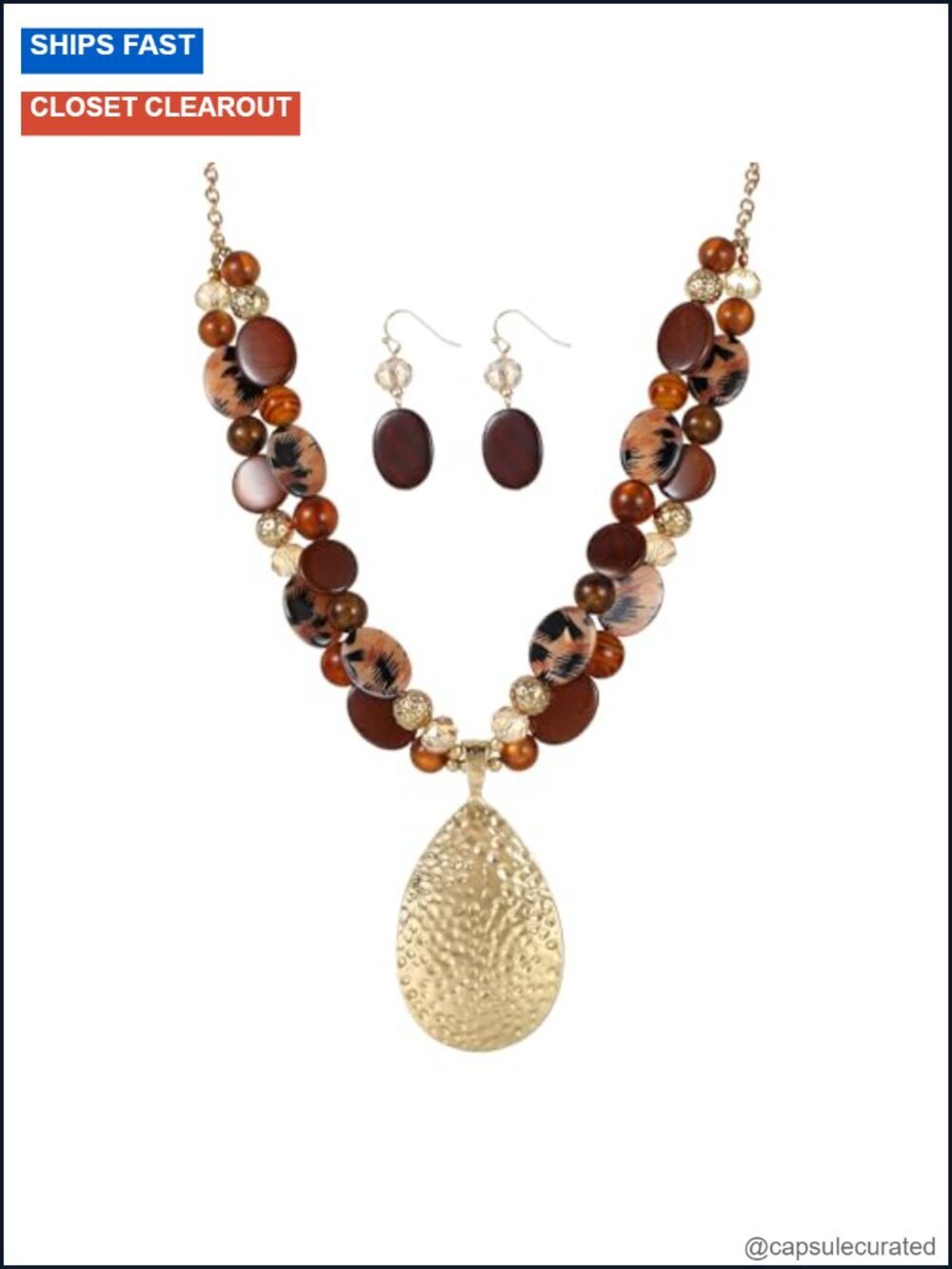 20"+3" Teardrop Pendant Necklace and Earrings Set Crystal Shell Beaded Layered